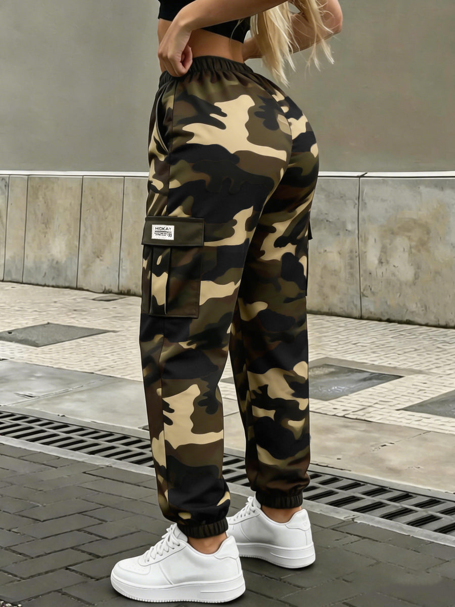 Women'S Trendy Camouflage Cargo Ankle-Cinching Long Pants, Spring Fall Lightweight Breathable Cargo Trousers, Elastic Waistband with Drawstring, Multi-Pocket Design, Suitable for Daily Casual Wear And Outdoor Outings - Camouflage Khaki