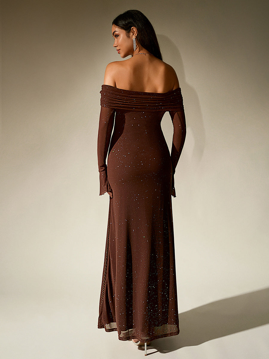 PARTHEA NewAsia Women's Bell Sleeve Off Shoulder Sequin Long Dress Backless Double Layer Club Party Sparkling Mesh Maxi Dresses Brown - Brown
