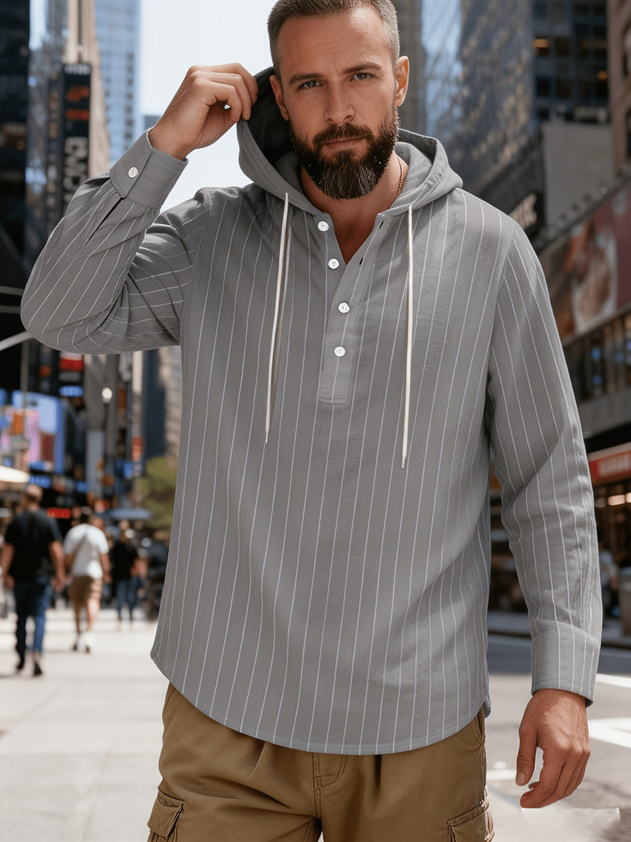 New Men'S All-Season Linen Shirt, Linen Striped Casual Long-Sleeve Hooded Top, Breathable And Comfortable, High Street Style - Grey