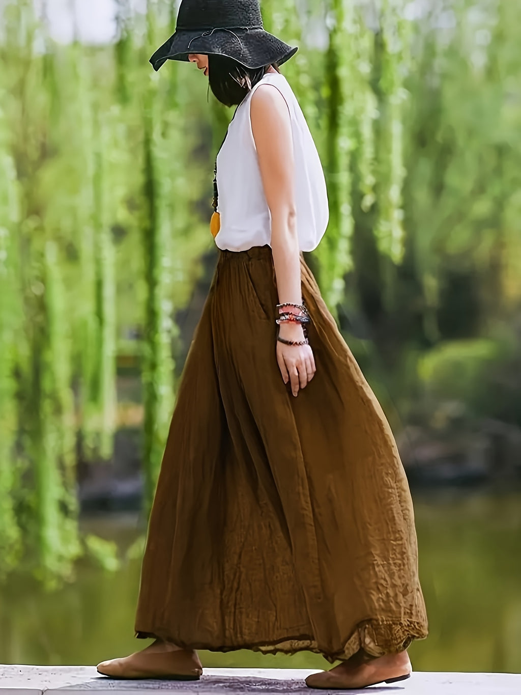 BK031606 Spring Summer Fall New Women'S Solid Retro Style Midi Skirt - Breathable, Loose Fit with Pockets, Spring Fall Elegant Casual Design - Dark Brown