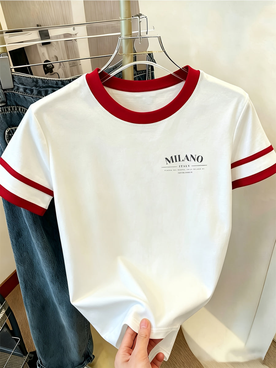 Graphic Print T-Shirt, Short Sleeve Crew Neck Casual Top for Summer And Spring, Women'S Clothing - White Red