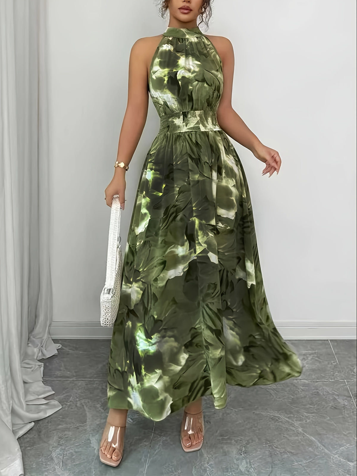 Women's Elegant Floral Turtleneck Smocked Waist A-Line Dress - Tailored Cinched Waist Suitable for Bridesmaid Dresses, Wedding Guest Dresses, Daily Commute Attire, Machine Washable Long-Length Dress - Green