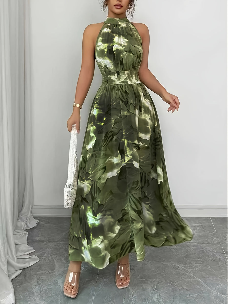 Women's Elegant Floral Turtleneck Smocked Waist A-Line Dress - Tailored Cinched Waist Suitable for Bridesmaid Dresses, Wedding Guest Dresses, Daily Commute Attire, Machine Washable Long-Length Dress - Green