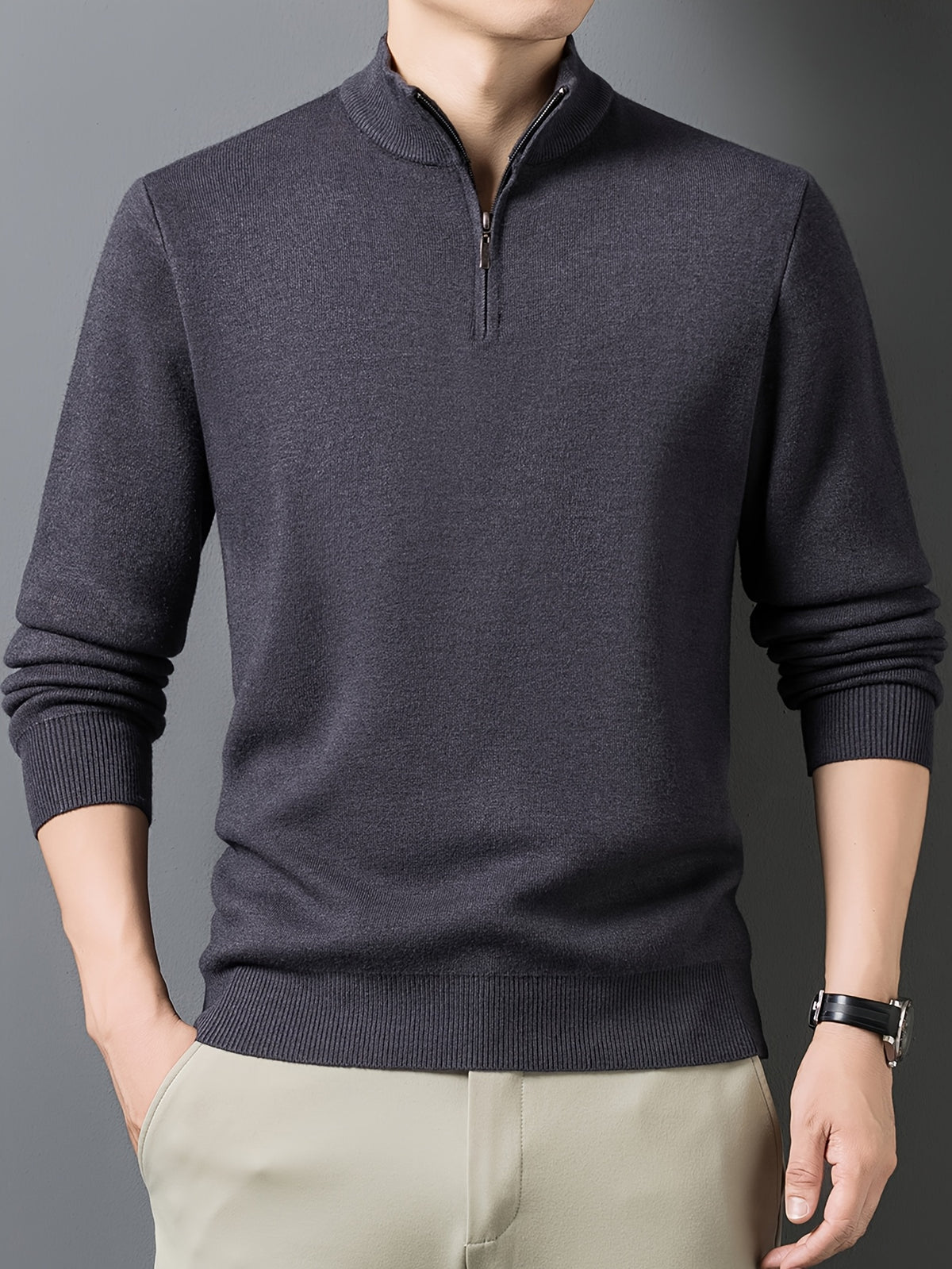 1pc Men'S Solid Color Small Stand Collar Knit Pullover Autumn Winter Zipper Casual Fleece Warm Top - Light Purple