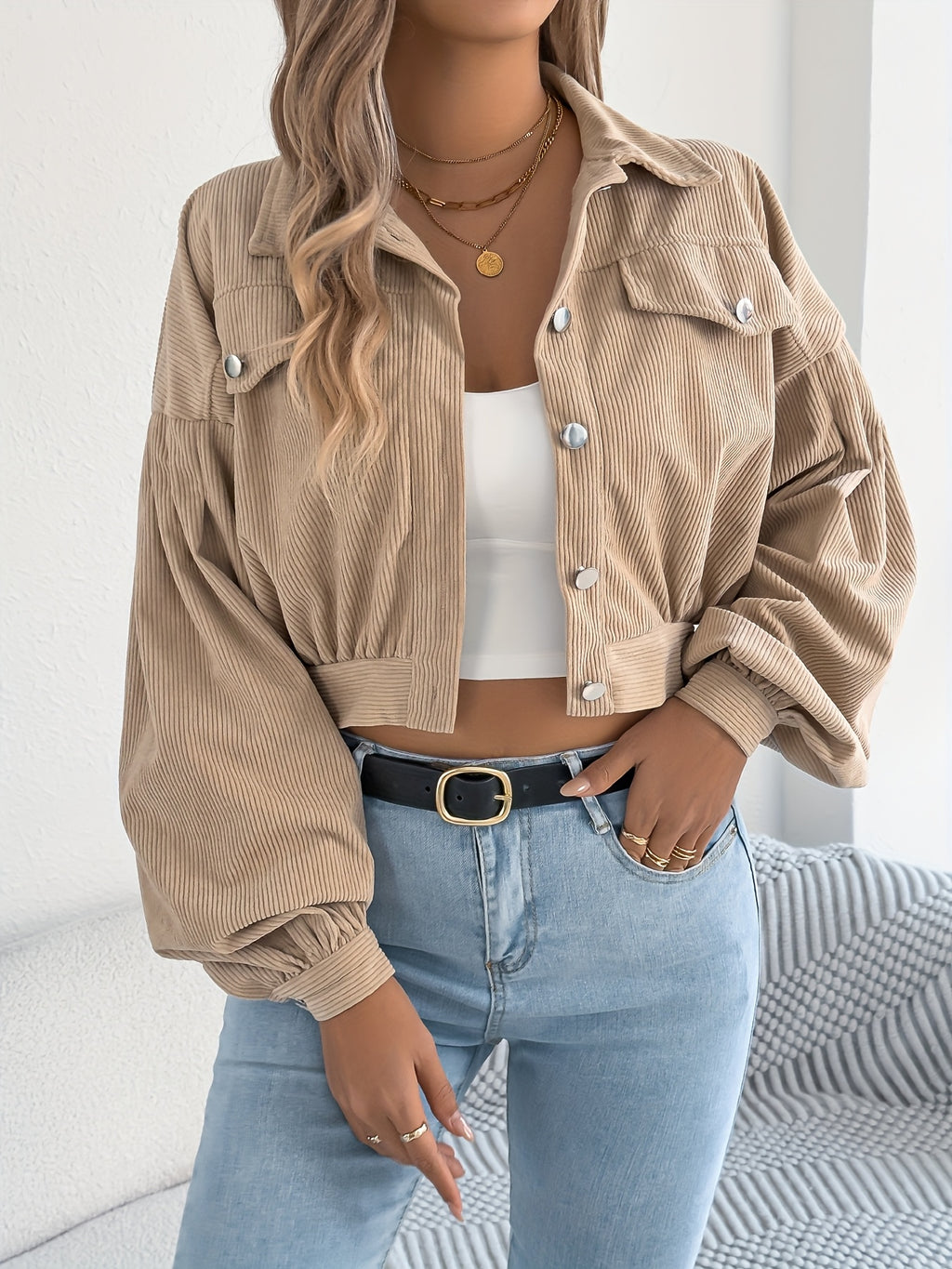 Spring Autumn Casual Vacation Solid Color Single Breasted Lantern Long Sleeve Corduroy Short Coat Women'S Jacket - Khaki