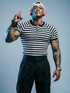 Spring/Summer Men's Striped Henley Shirt, Ribbed Slim-Fit Short Sleeve, Fitness Shaping Handsome Top - Mixed colors