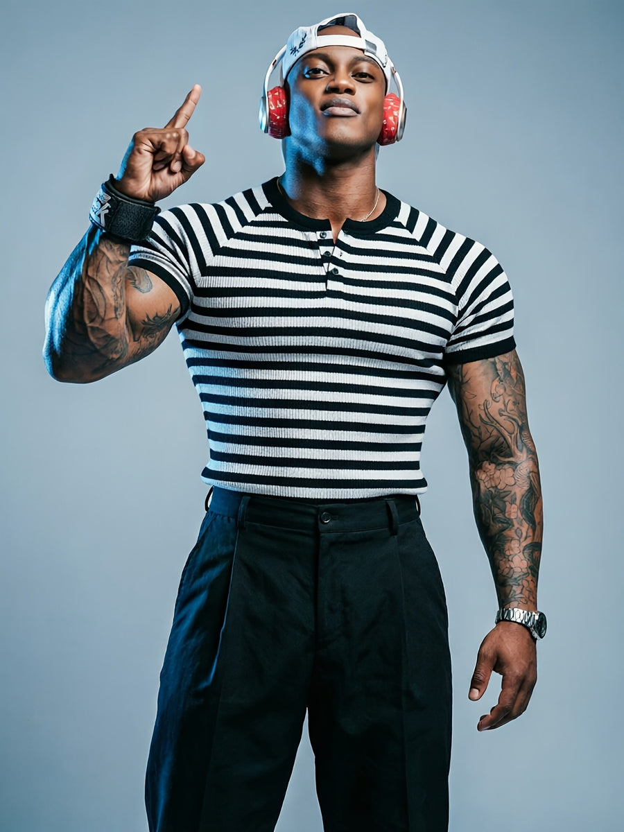 Spring/Summer Men's Striped Henley Shirt, Ribbed Slim-Fit Short Sleeve, Fitness Shaping Handsome Top - Mixed colors