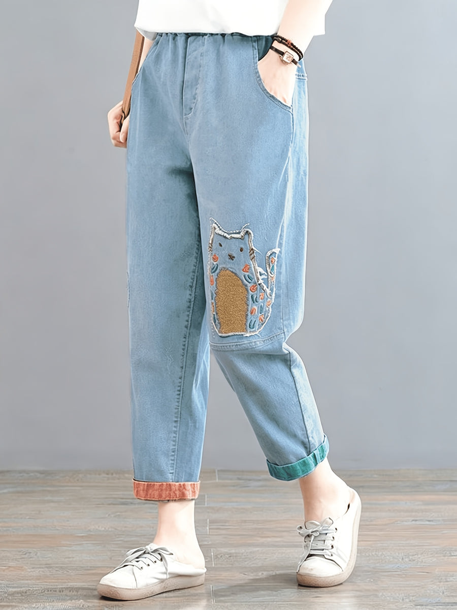 Korean Version Embroidered Women'S Jeans, New Spring And Autumn Distressed Nine-Point Pants, Cartoon Patch Fashionable Color-Blocking Harem Pants Trend - Blue (nine-pants)