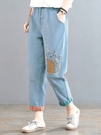Korean Version Embroidered Women'S Jeans, New Spring And Autumn Distressed Nine-Point Pants, Cartoon Patch Fashionable Color-Blocking Harem Pants Trend - Blue (nine-pants)