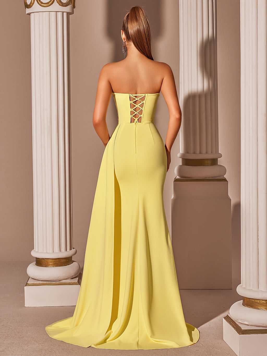 Women's Elegant High-Waisted Slit Long Ribbon Backless Tie Dress for Graduation Party - 【Light Yellow】