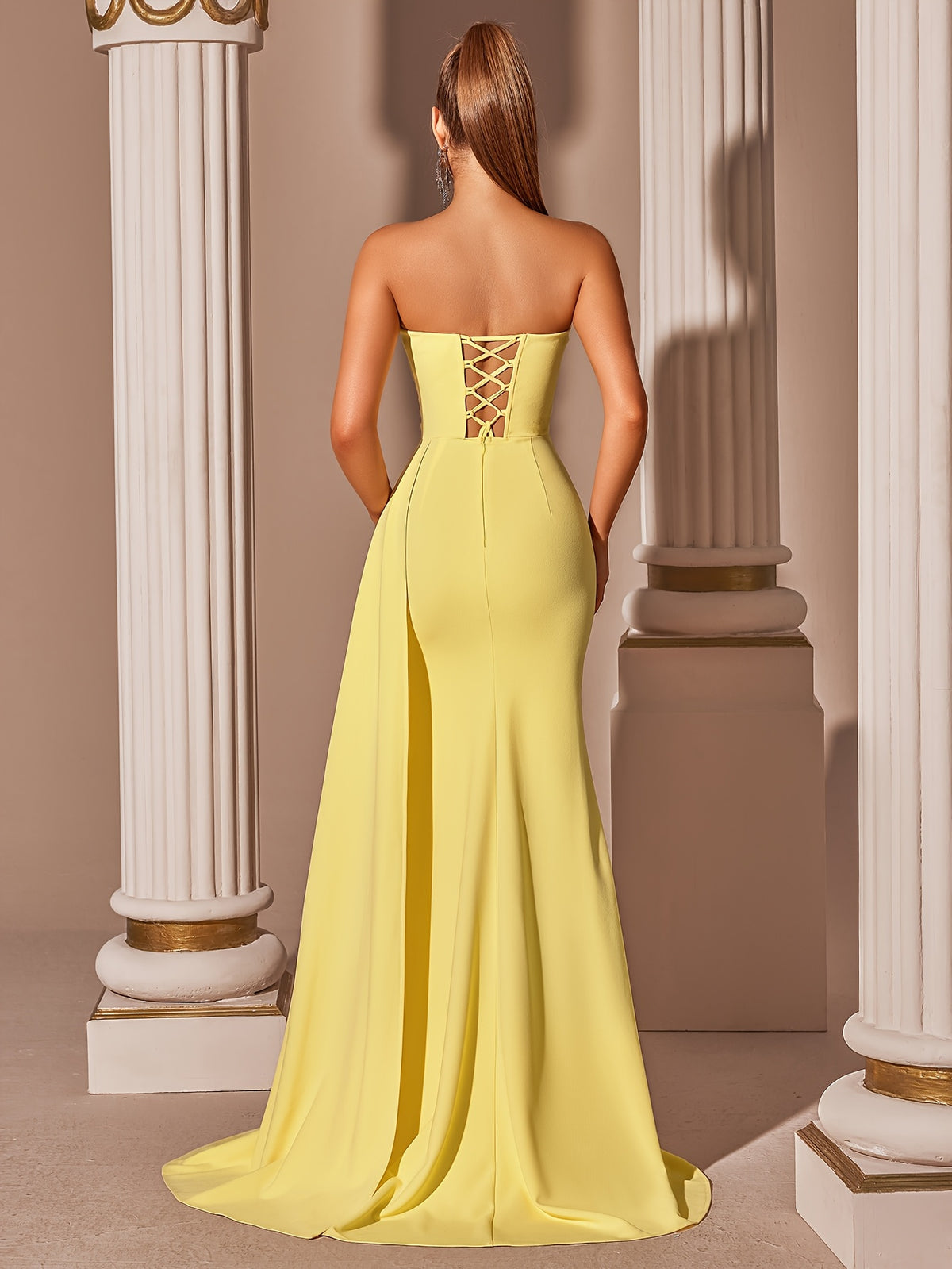 Women's Elegant High-Waisted Slit Long Ribbon Backless Tie Dress for Graduation Party - 【Light Yellow】