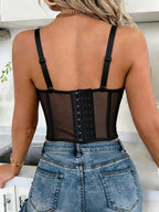French Elegant Solid Retro Floral Lace Trim Waist-Cinching Camisole, Sexy Fishbone Cup with Underwire Bust Support And Tightening Corset, Multi-Functional Inner Wear And Outer Wear Lace Panel Cami Top, Design-Inspired Small Rhinestones, Non-Sheer - Black
