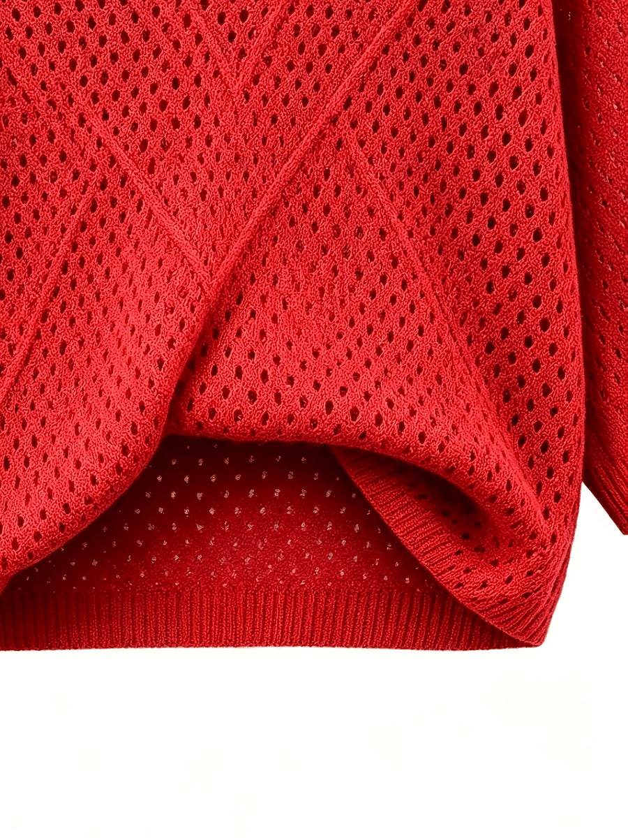Women's Pullover V-Neck Soft Sweater, Loose Hollow-Out Top, Gentle Style Top, Fashionable, Soft Fabric, Versatile Long-Sleeve Batwing Shirt, Breathable Cover-Up - Watermelon Red