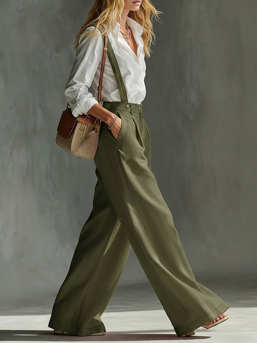 Spring and Autumn High-Waist Pleated Suspender Pants, Vintage Temperament Commuter Casual Trousers - Olive Green
