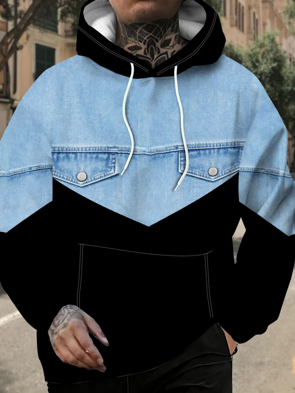 Men's Fashion Patchwork Printed Hoodie Casual Trendy Personality V-Neck Denim Pattern TopV[Printed Design Not Textured][NOT JEAN] - Mixed colors