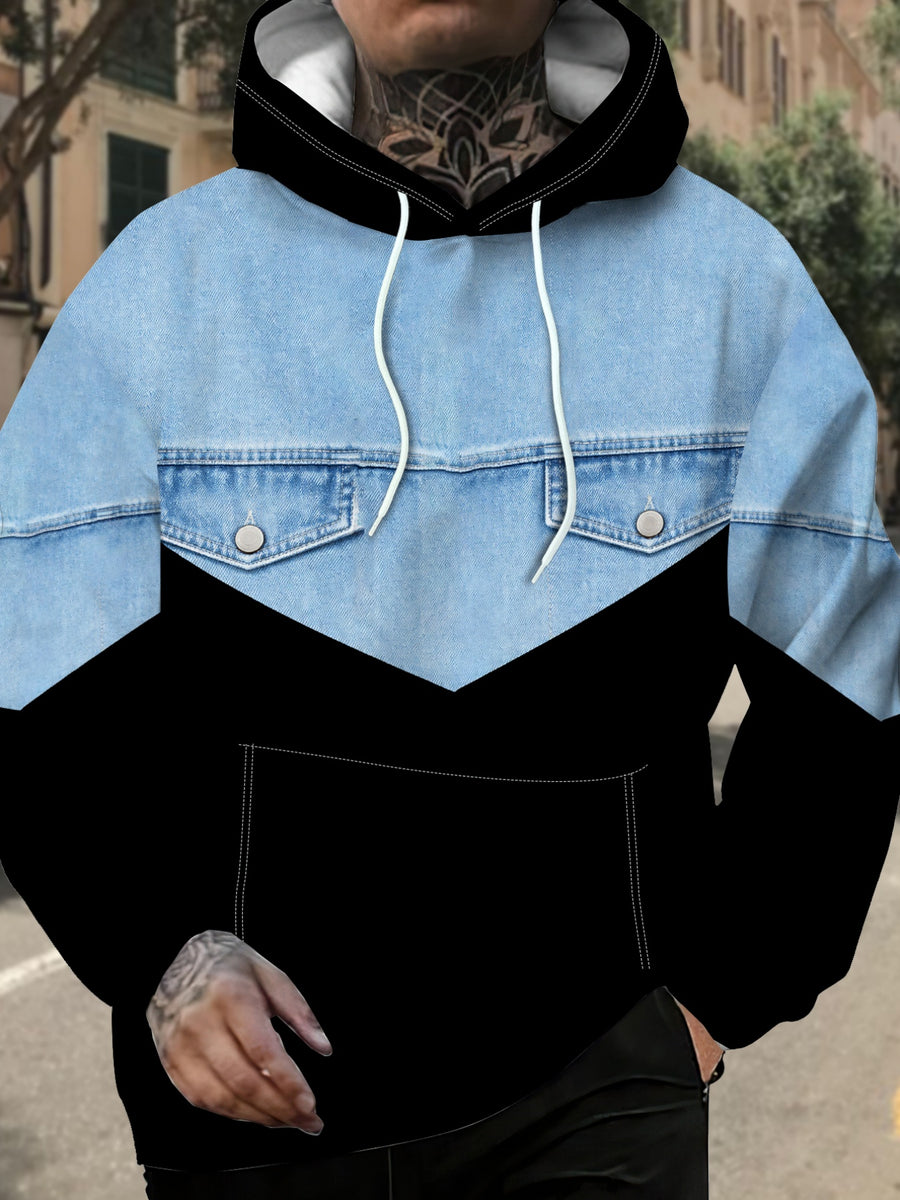 Men's Fashion Patchwork Printed Hoodie Casual Trendy Personality V-Neck Denim Pattern TopV[Printed Design Not Textured][NOT JEAN] - Mixed colors