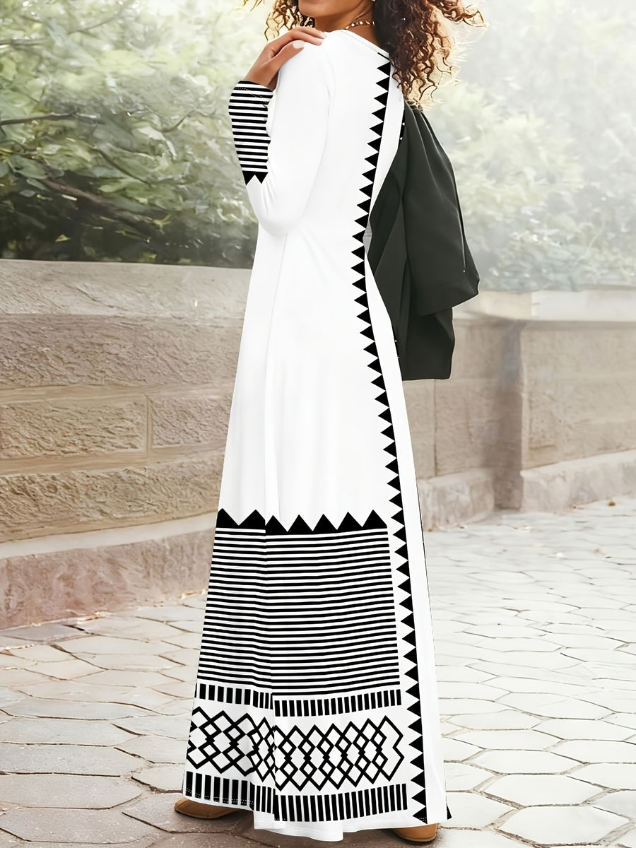 Printed Design Geometric Tribal Stripe Pattern Easy Style Women'S Dress - White