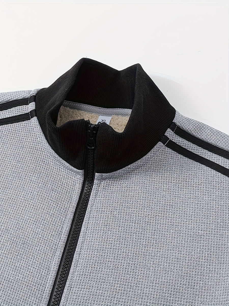 Men'S Waffle Lamb Fleece Lined Zipper Jacket, Stand Collar Side Double Stripe Thickened Warm Jacket, Loose Retro Sporty Outerwear, Ribbed Cuffs with Side Pockets, Windproof Thickened Plush Lining Casual Top, 4 Classic Solid Colors - Light Heather Gray