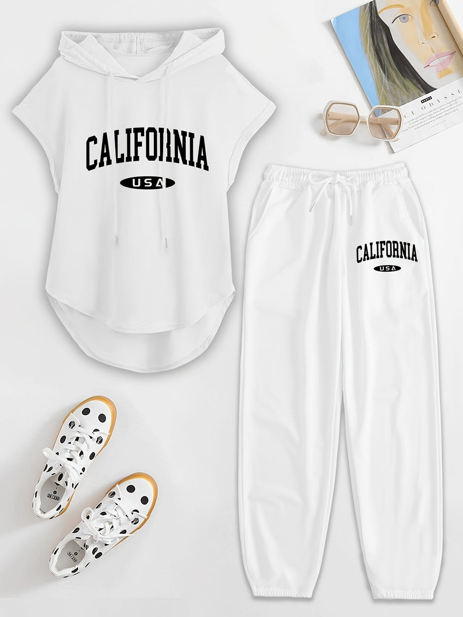 Women's Two-Piece Drawstring Sleeveless Hooded Top and Summer Letter Print Pants Set, Elastic Waist Casual Pants, Winter ; Christmas, Cyber Monday, New Year, Commuting, Casual Yet Appropriate, Daily Outfit - White