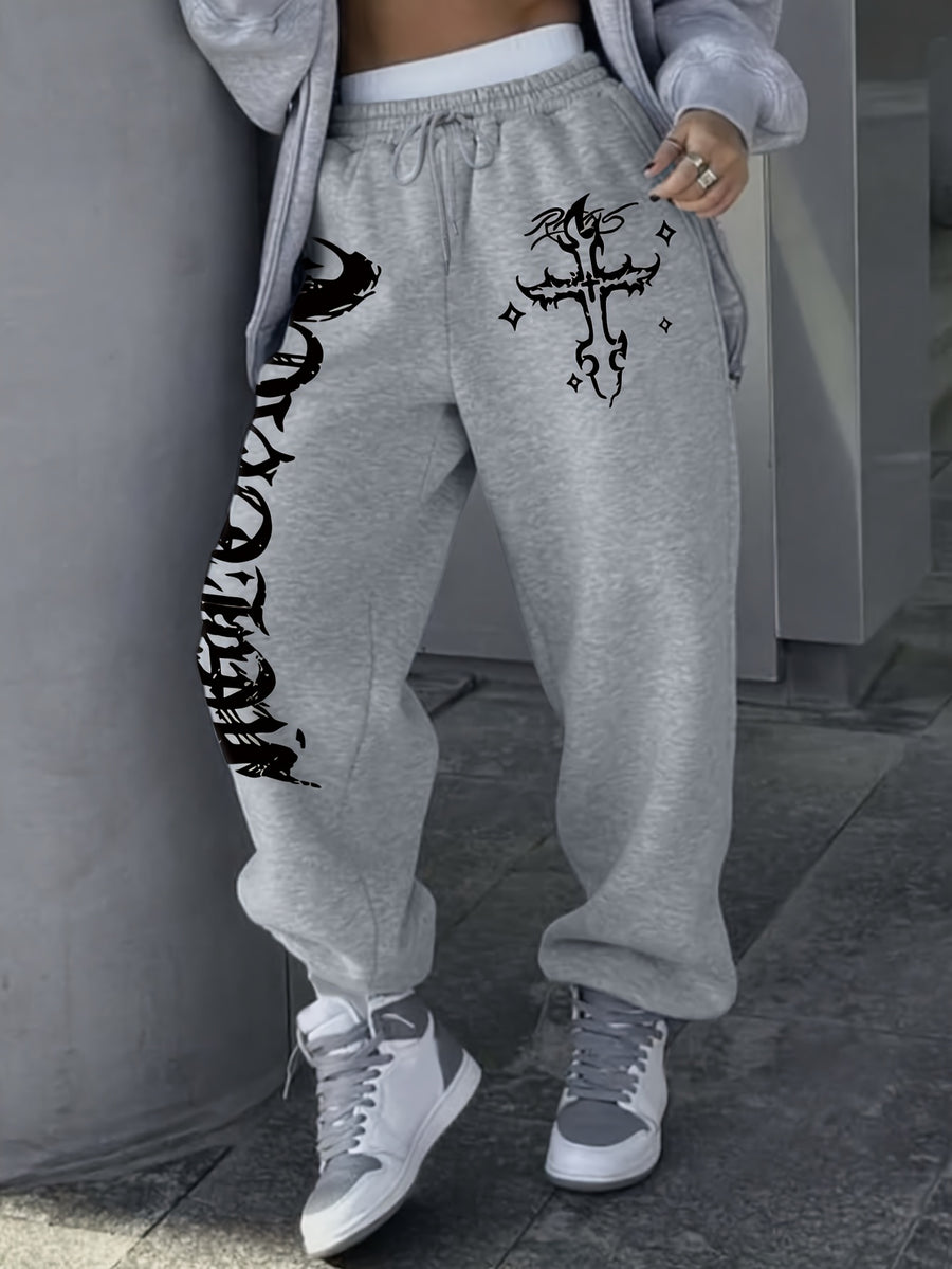 Graphic Print Regular Sweatpants, Autumn/Winter, Women's Clothing - Grey