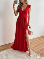 Fashionable High-end Elegant Evening Gown with Floor-length Train, Deep Red Long Dress - Red