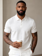 Men's Mature Business Style Knit Polo Shirt, 100% Pure Fabric, Breathable and Skin-friendly. Honeycomb Texture Jacquard Design, Simple Solid Color, Paired with a Three-button Lapel Collar, Clean Cut for a Flattering Fit. Suitable for Summer Commuting - White (White Buttons)