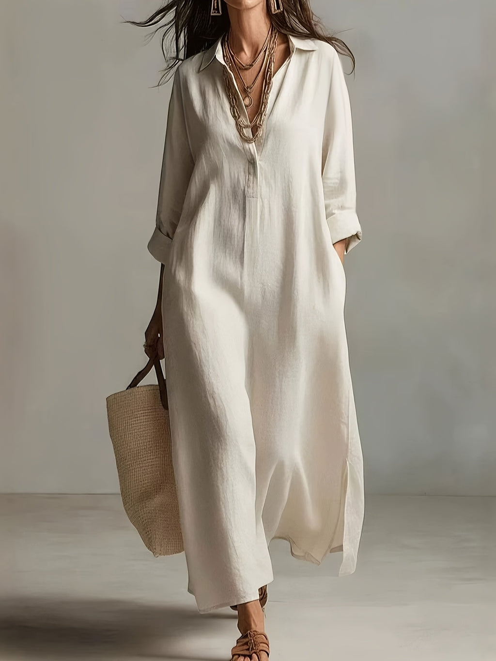 Autumn Casual Solid Color Lazy Style Long Sleeve Shirt Dress for Women, Double Pocket Design, Loose Fit with Side Slit Long Dress, Adds a Touch of Vintage Charm, Moderately Thick, Breathable, Skin-Friendly, and Soft Fabric, Versatile Style - Milky