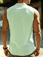Men's Fashionable Casual Lightweight Breathable Sleeveless Henley Shirt - Summer Casual and Business Casual Vest - with Button- Collar - Suitable for Outdoor Activities, Beach, and Seaside - Regular Fit Men's Apparel Gift - Light Green