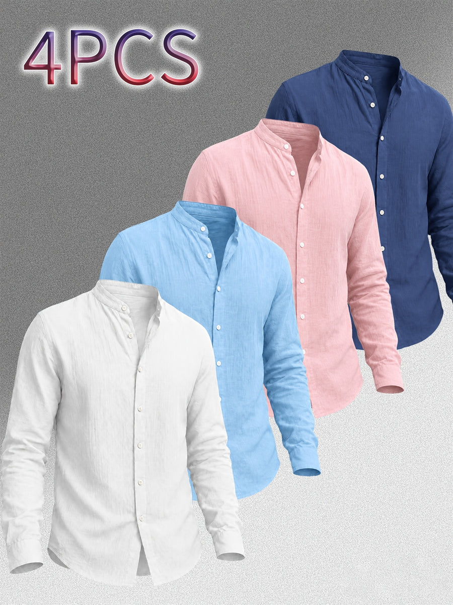 Zhiyu OBM Men's New Stand Collar Solid Color -Look Long Sleeve Shirt 4pcs Set, Simple Stand Collar Design, High-Quality Men's Long Sleeve Button- Shirt for Spring, Autumn, and Winter - Suitable for Outdoor Leisure, Vacation, Travel, and Formal Wear - White + Sky Blue + Pink + Navy Blue