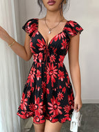 Women's Elegant Black and Red Summer Bohemian Style Vacation Backless Ruffle Sleeve Cross-Back Tie-Waist A-Line Printed Mini Dress - Mixed colors