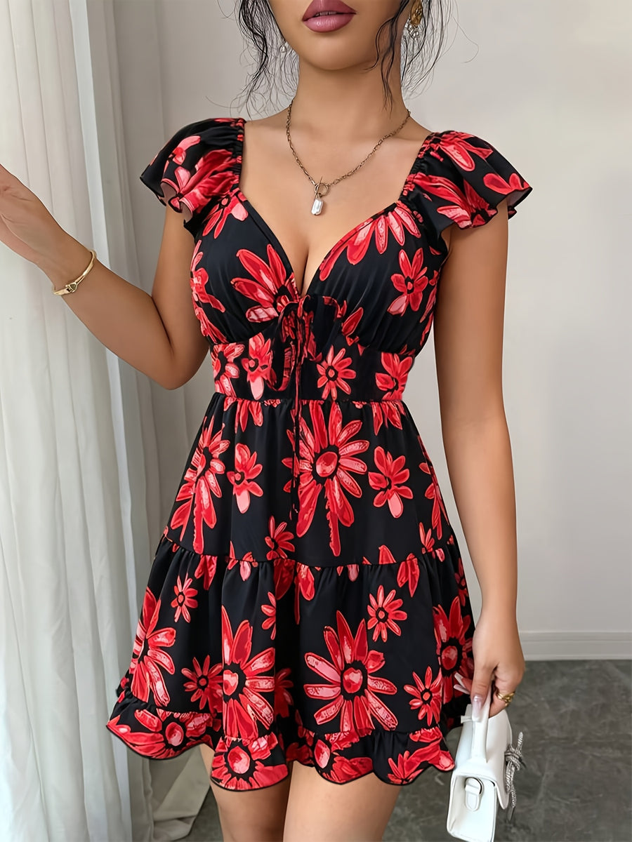 Women's Elegant Black and Red Summer Bohemian Style Vacation Backless Ruffle Sleeve Cross-Back Tie-Waist A-Line Printed Mini Dress - Mixed colors