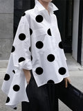 Women'S Elegant Pink Polka Dot Blouse with Ruffled Hem - Loose Fit, Long Sleeve, Casual Shirt for Spring/Summer, Casual Attire|Ruffled Hem Shirt|Dropped Shoulder Design - White