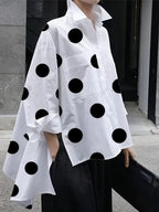 Women'S Elegant Pink Polka Dot Blouse with Ruffled Hem - Loose Fit, Long Sleeve, Casual Shirt for Spring/Summer, Casual Attire|Ruffled Hem Shirt|Dropped Shoulder Design - White