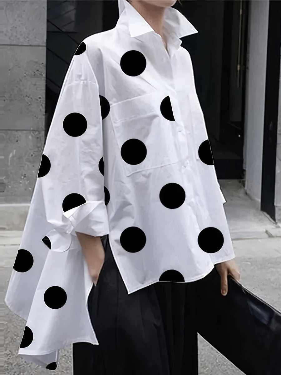 Women'S Elegant Pink Polka Dot Blouse with Ruffled Hem - Loose Fit, Long Sleeve, Casual Shirt for Spring/Summer, Casual Attire|Ruffled Hem Shirt|Dropped Shoulder Design - White
