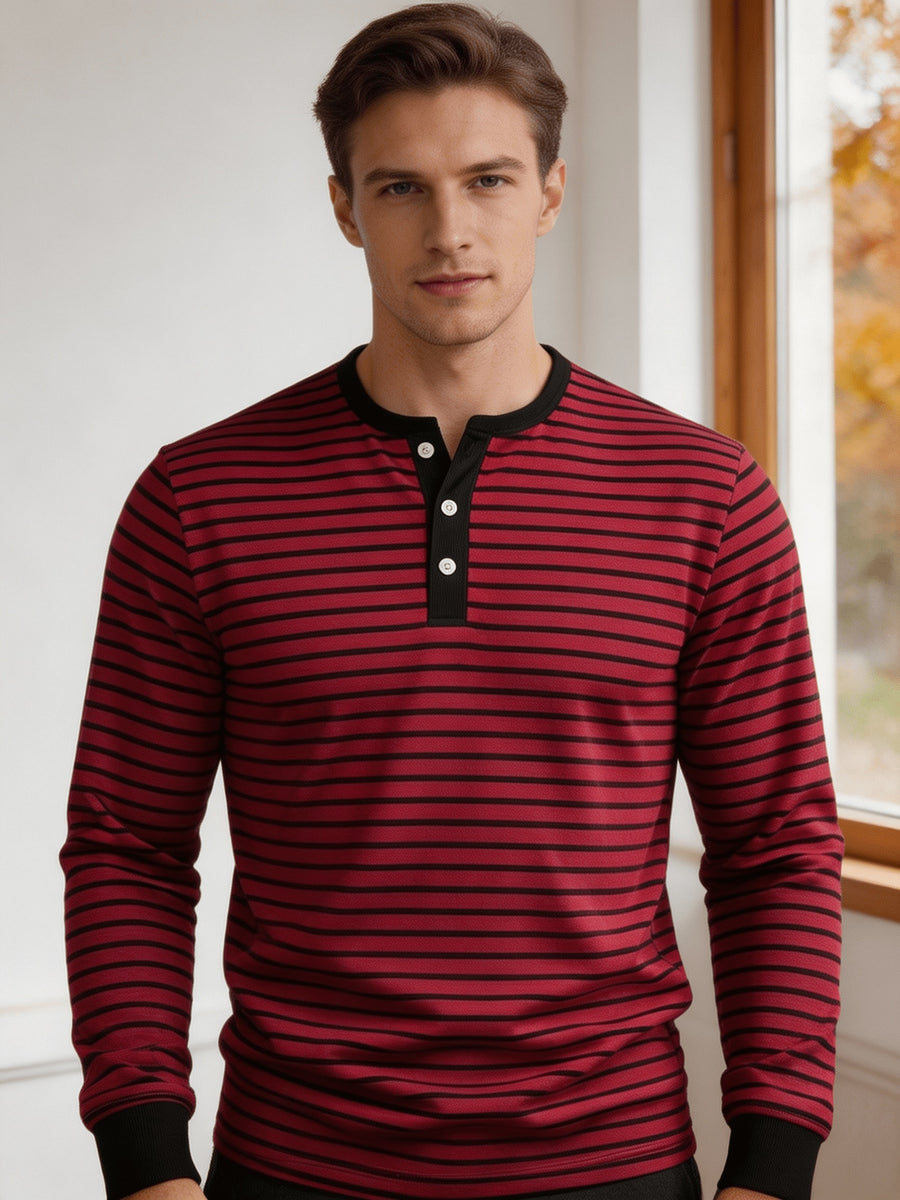 Men'S Round Neck Long Sleeve Henley Shirt, Classic Striped Button-Front Top, Ribbed Cuffs And Hem Breathable Soft Knit Pullover, Men'S Autumn Casual Shirt - Red