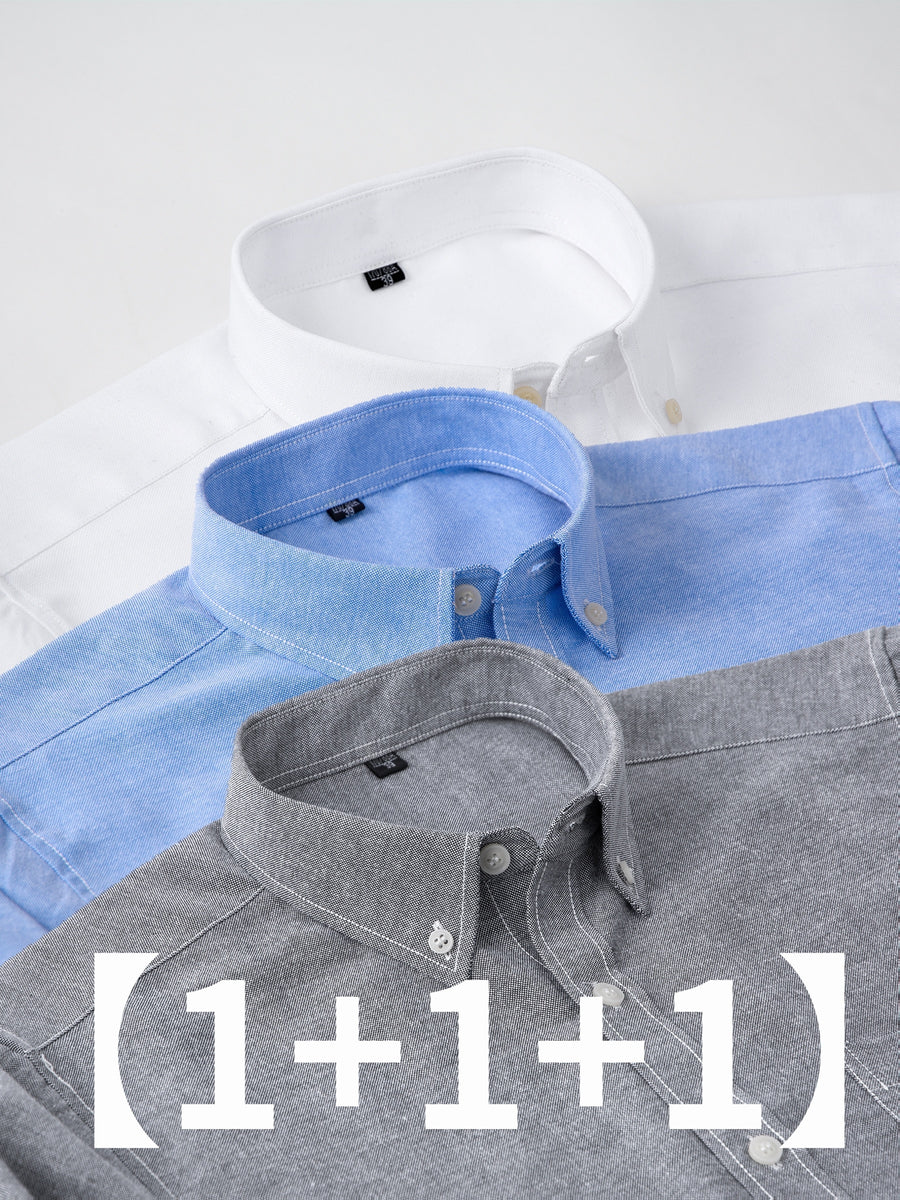 Three-pc Classic Men's Oxford Plain Color Shirts, Simple and Elegant Casual Long-Sleeve Shirts, Available in Multiple Colors for Easy Mix and Match - White+Blue+Grey