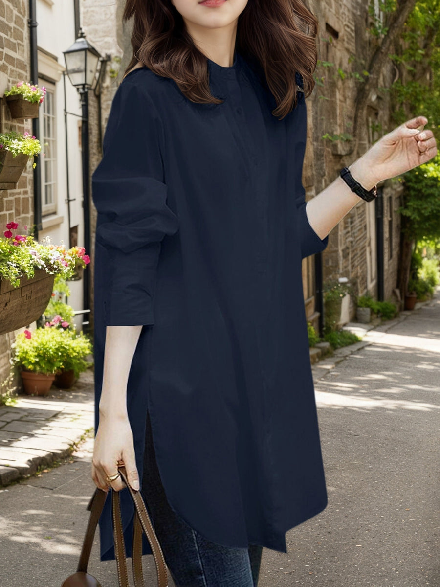 Women'S Elegant Retro Style Easy Stand-Up Collar Mid-Length Side-Slit Design Literary Full Daily Wear Shirt - Navy Color