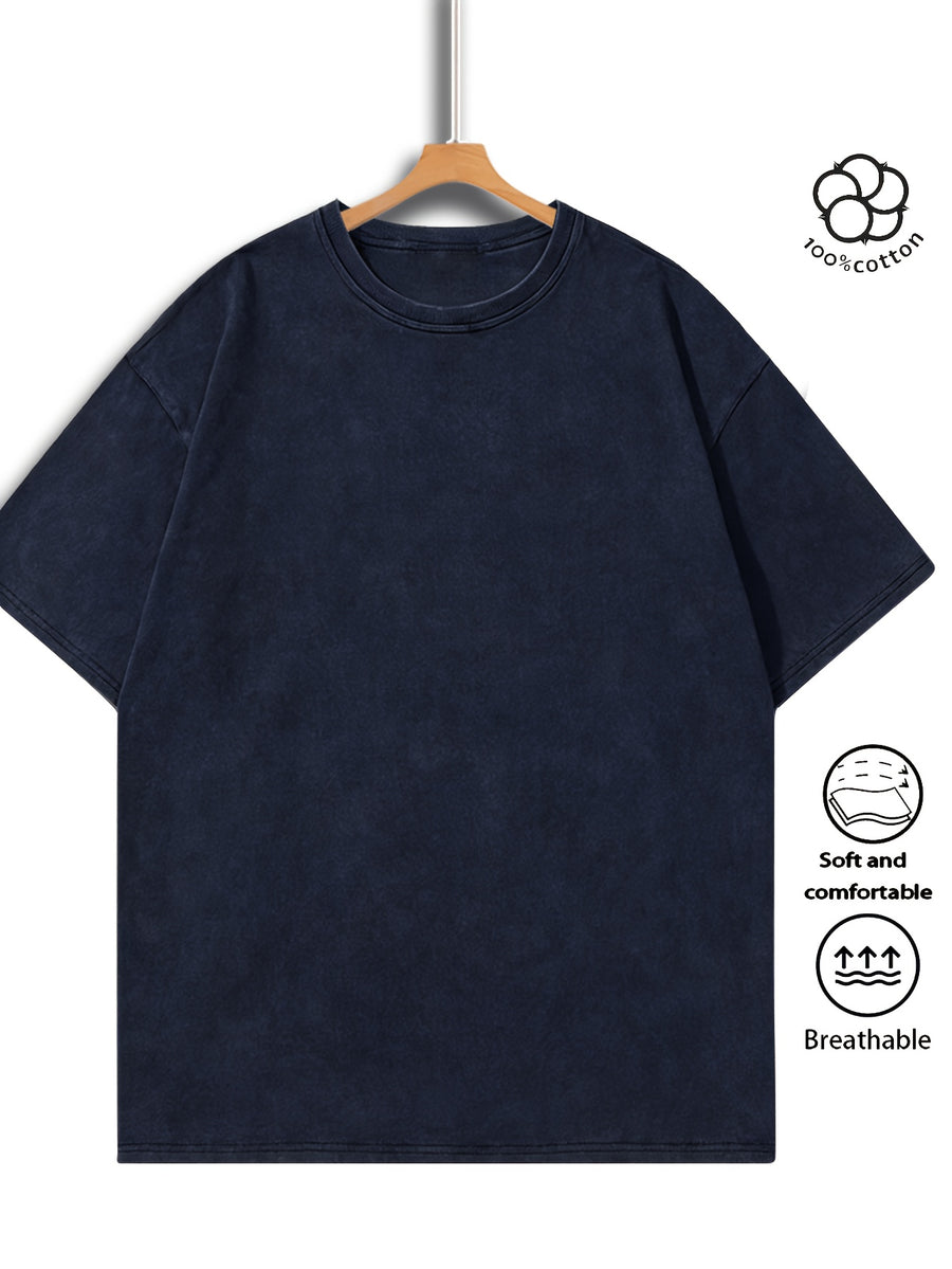 Men Heavyweight Short Sleeve T Shirt Washed Vintage Fashion Print Acid Wash Distressed Grunge Style Pure Breathable Fabric High Street Hip Hop Loose Fit Gym Fitness Workout Tops Casual Clothing 2026 - Navy Color