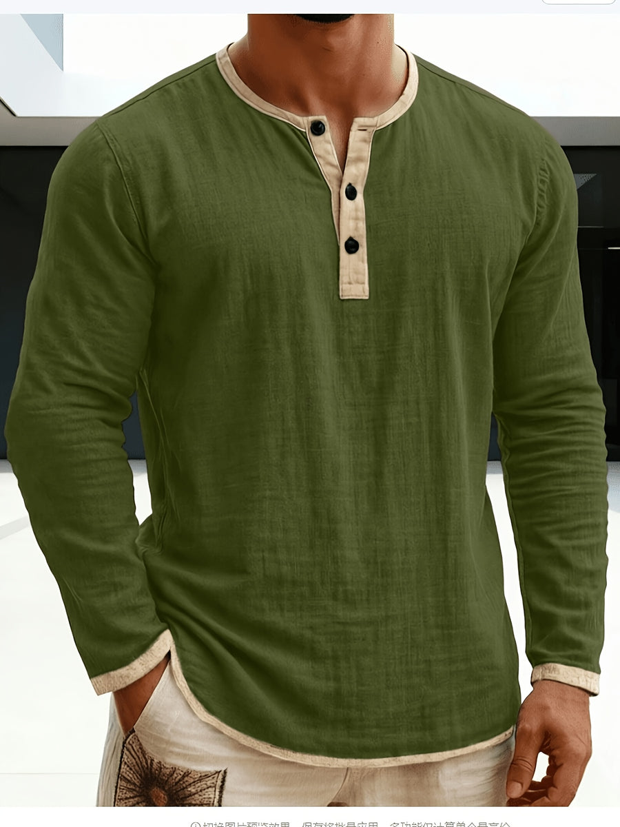 Men'S Retro Color Block Casual Henley Crewneck T-Shirt in Linen, Vintage T-Shirt for Men - Olive Green