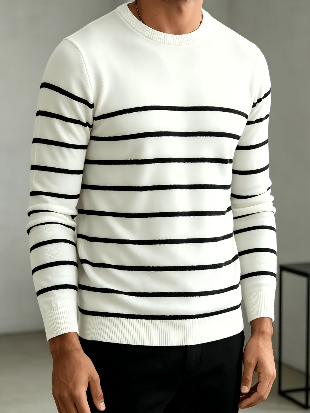 Men's Classic Knit Sweater, Crew Neck with Structured Fit, Black and White Striped Long Sleeve Pullover, Versatile for Casual, Commuting, Work, and Outings, Autumn/Winter Wear - White