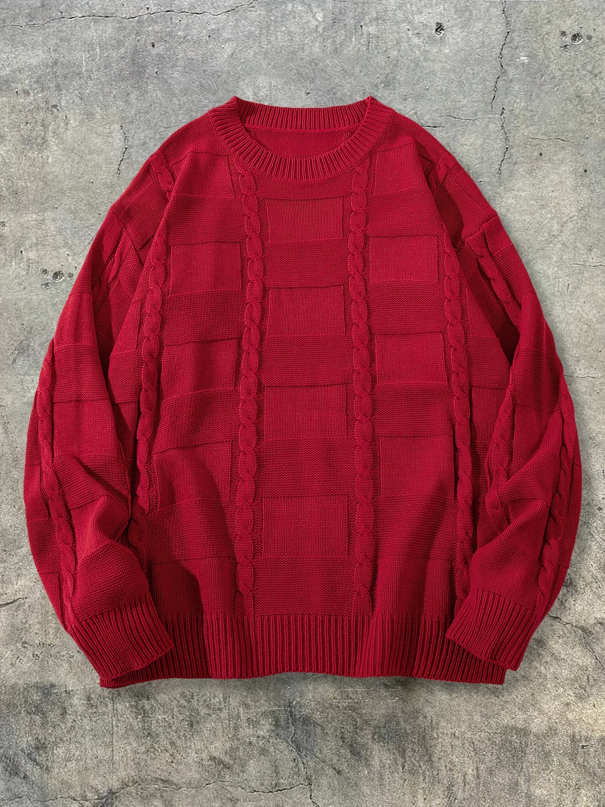 Autumn Winter Men'S New Casual Loose Easy Checkered Twisted Rope Pattern Vintage American Commute All-Match Knit Long Sleeve Round Neck Pullover Top - Red