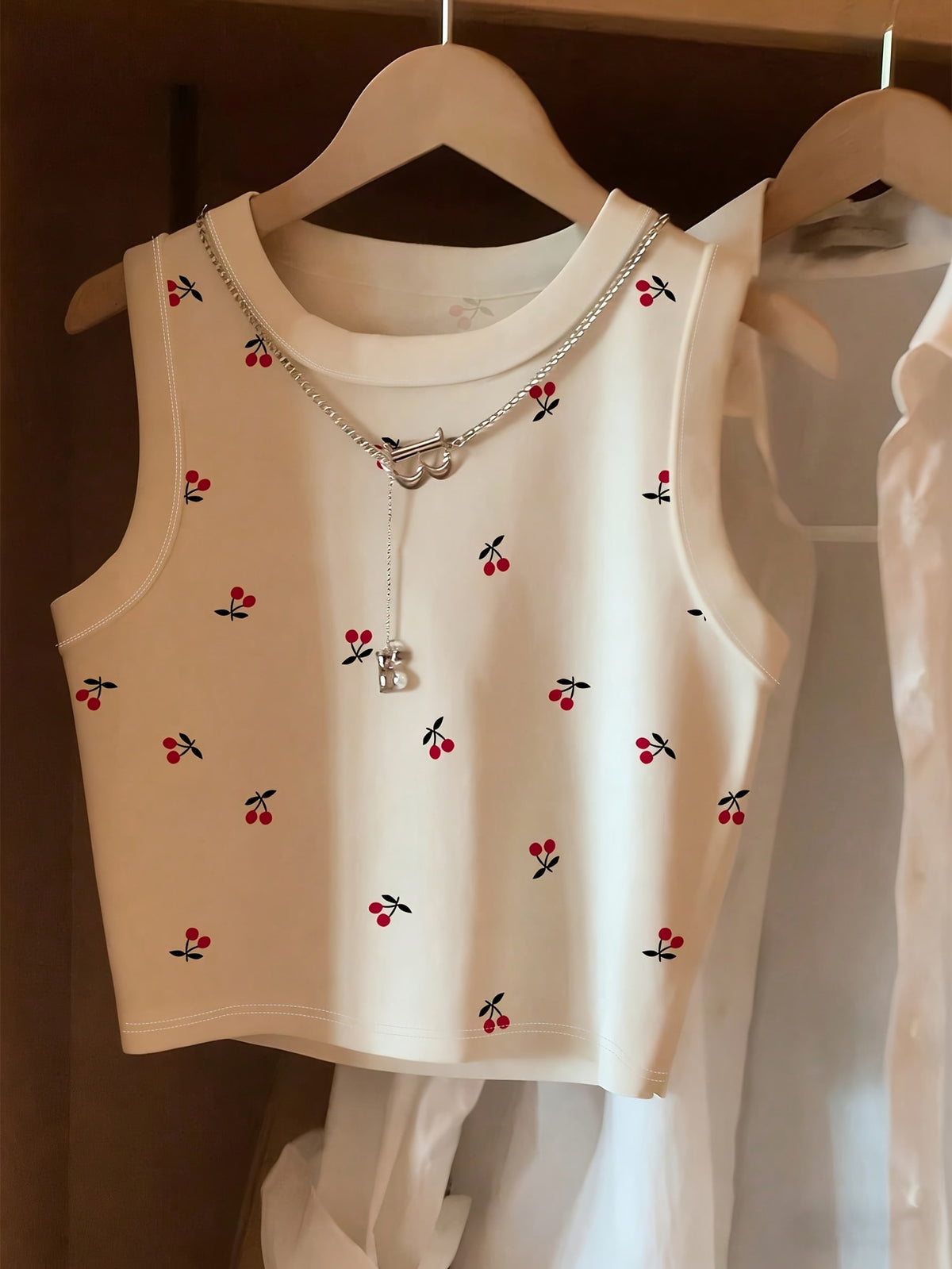 Women's Fashion Cherry Print Tank Top - White
