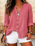 Solid Color Shirt, Round Neck Button-Up, Loose Fit, Casual Wear, Spring Summer Women'S Shirt - Pink Color
