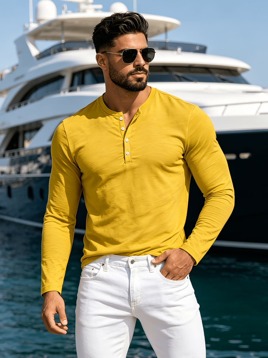 2pcs New Men's Fashionable Sporty Long-Sleeve Pure Cotton Henley Button-Up Shirt, Spring/Autumn Casual, Comfortable, Soft, Trendy, Simple, High-End, Versatile, and Refreshing - Multicolor 7