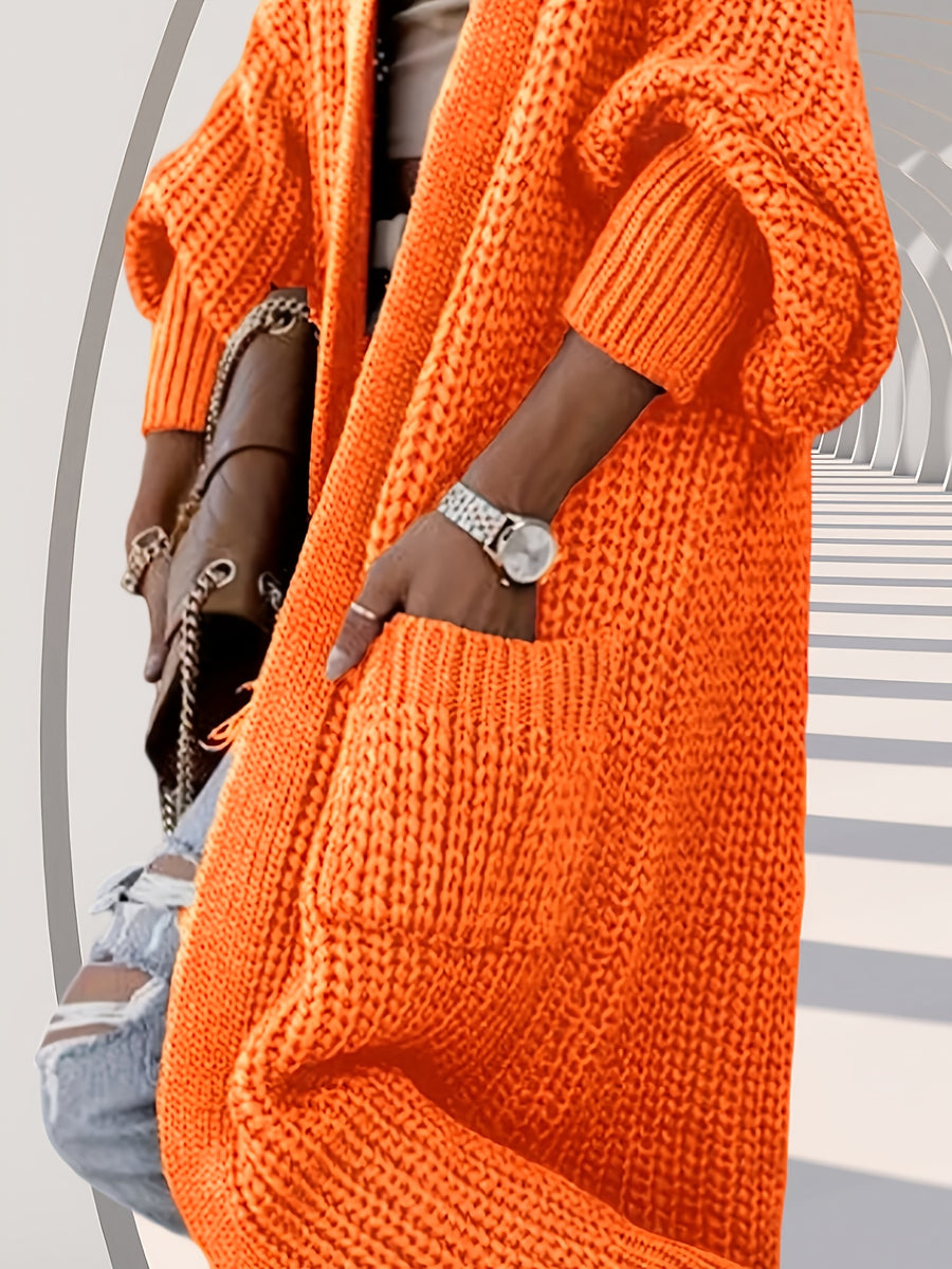 High-quality Fashionable and Simple Women's Cardigan, Pocket Sweater, Autumn/winter Casual Long-length Sweater, Winter Top Coat - Orange-Red