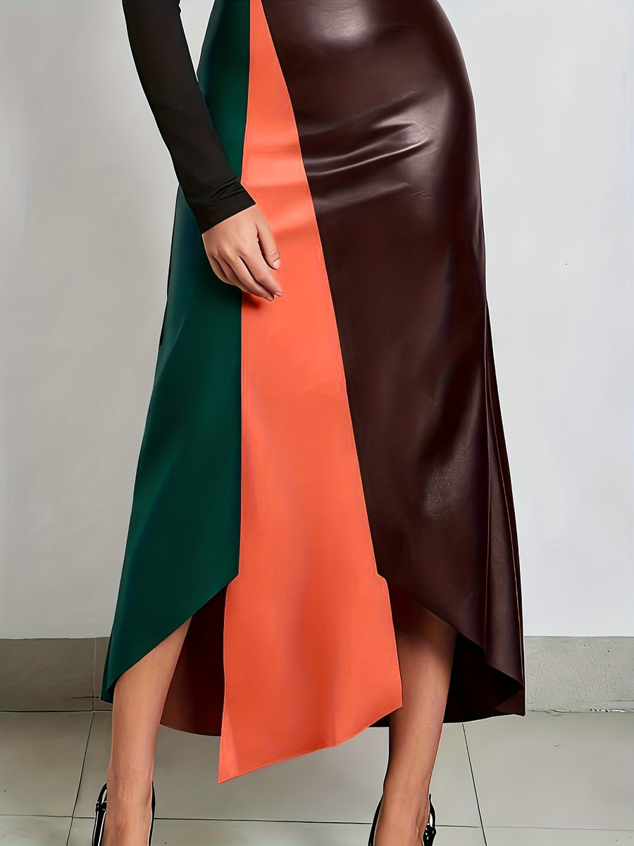 2026 Spring Summer New Arrival Skirt: Irregular Color Block Patchwork, Strong Design Sense, Bodycon Slim Fit Shapes Curves, Minimalist Fashion & Sexy, Y2K Style, Suitable for Casual, & Office Women'S Wear - Green, orange and dark red contrast