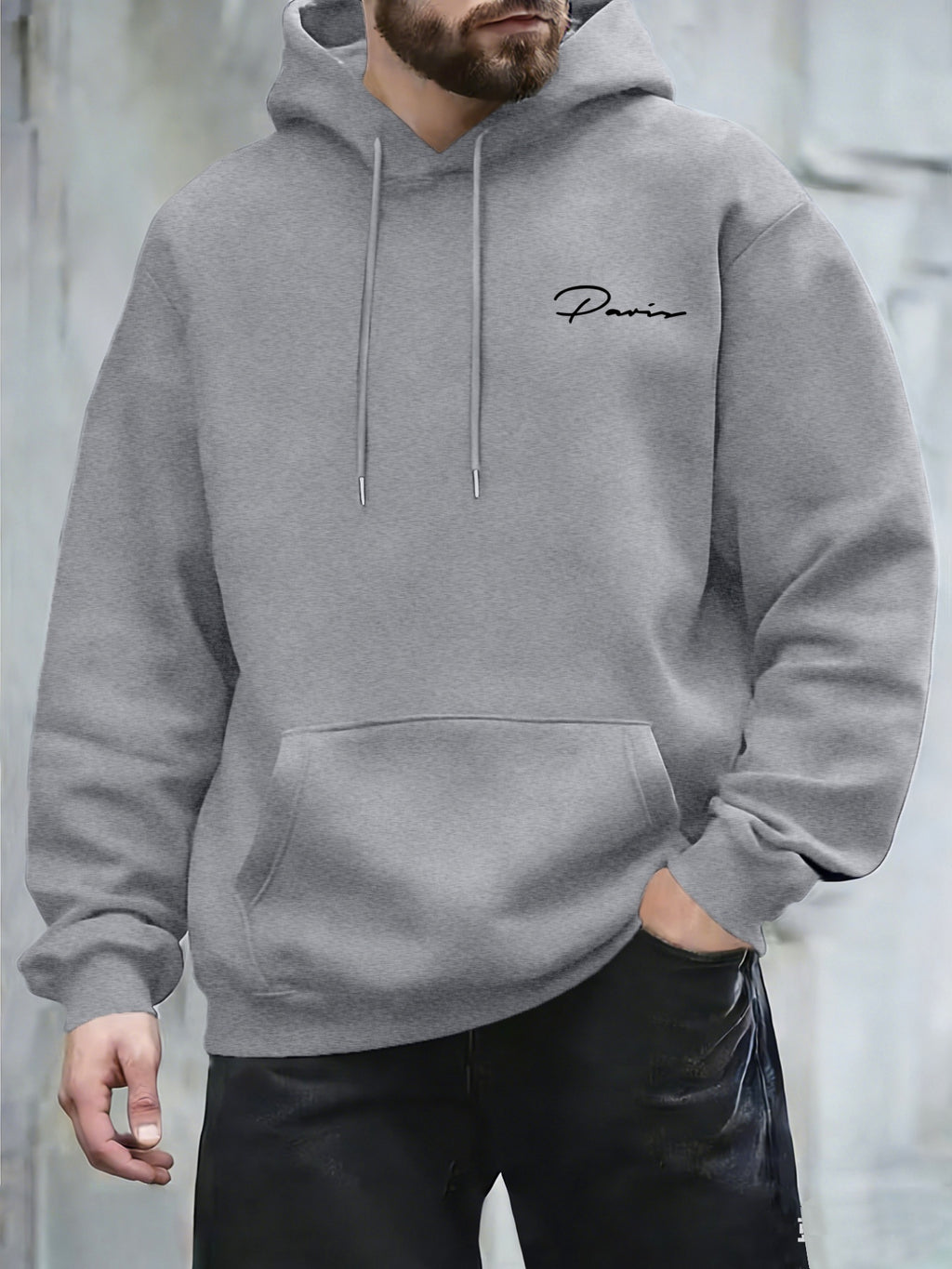 Retro Minimalist Cursive Small Print Men'S Hooded Sweatshirt Kangaroo Pocket Drawstring Hoodie Versatile Trendy Top - Light Grey