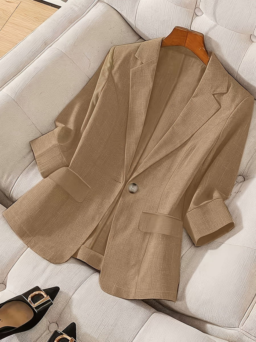2026 New Solid Color Three-Quarter Sleeve Button Pocket Decoration Three-Dimensional Cut Slim Fit Commuter Casual Versatile Workplace - Khaki