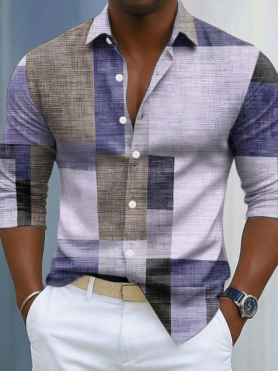 Men's Long-sleeve Shirt with Geometric Plaid Patchwork Print, Featuring a Mature Business-casual Style, Suitable for Workplace Commuting, Casual Gatherings, and Light Business Attire Occasions - Lavender