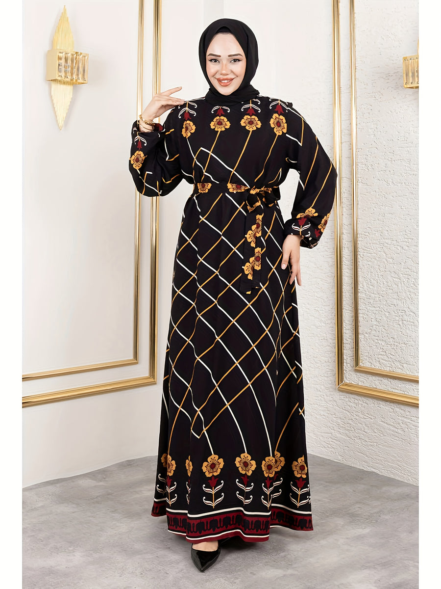 New Middle Eastern Muslim Elegant Temperament Floral Print Round Neck Tie-Up Abaya, Headscarf Not Included - Black